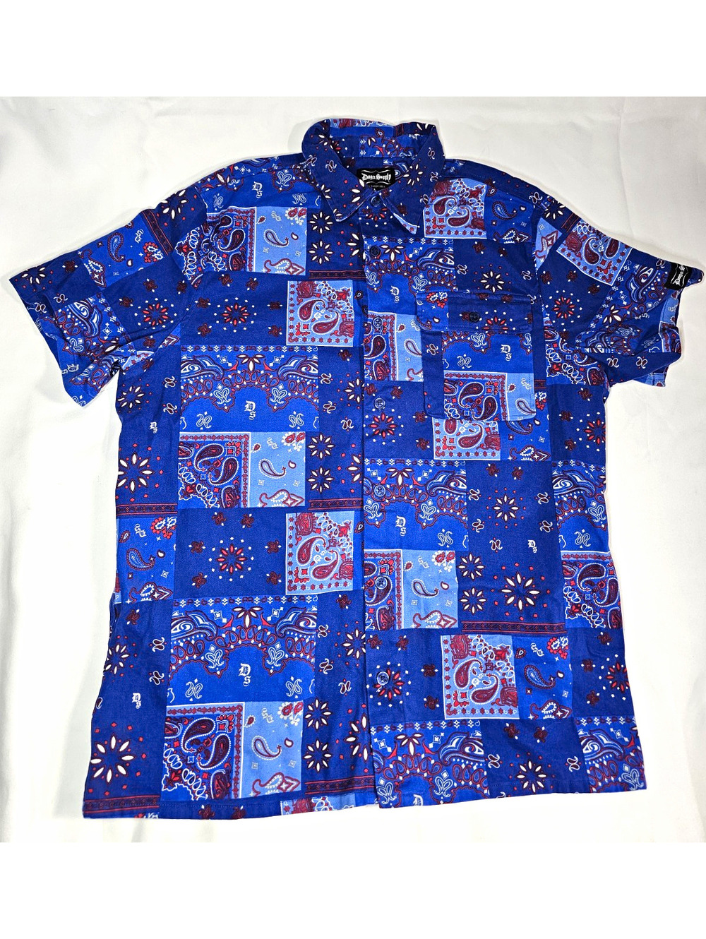 Dogg Supply XL Blue Paisley Patchwork Button-Up Shirt Point Collar